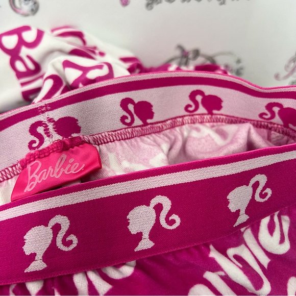 Barbie pants soft velour feel fabric cozy pink white half half one leg different - Picture 8 of 10